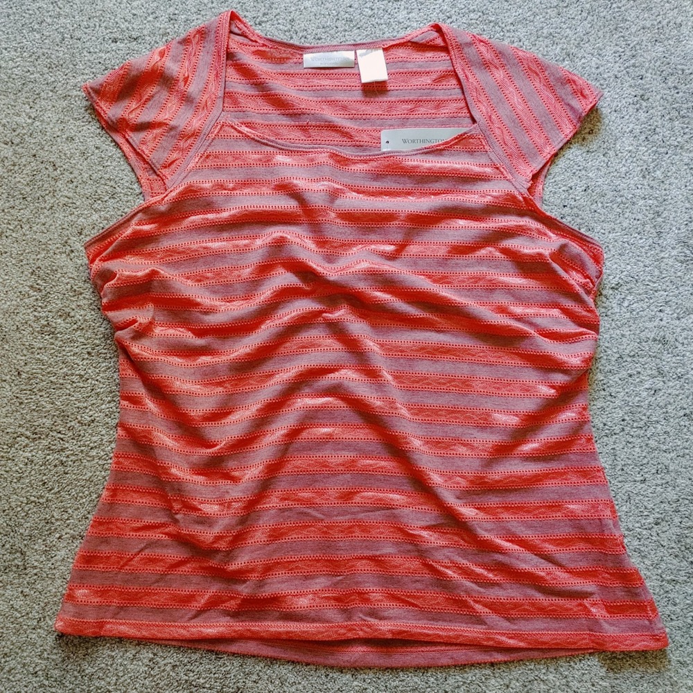 Worthington Stretch Womens XL Coral Pink Grey Striped Square Neck Cap Sleeve Top